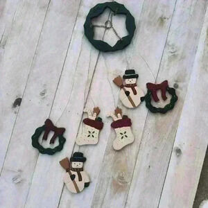 Vintage Wooden Christmas Wind Chimes Snowman Wreath Stockings 1994 Decorations